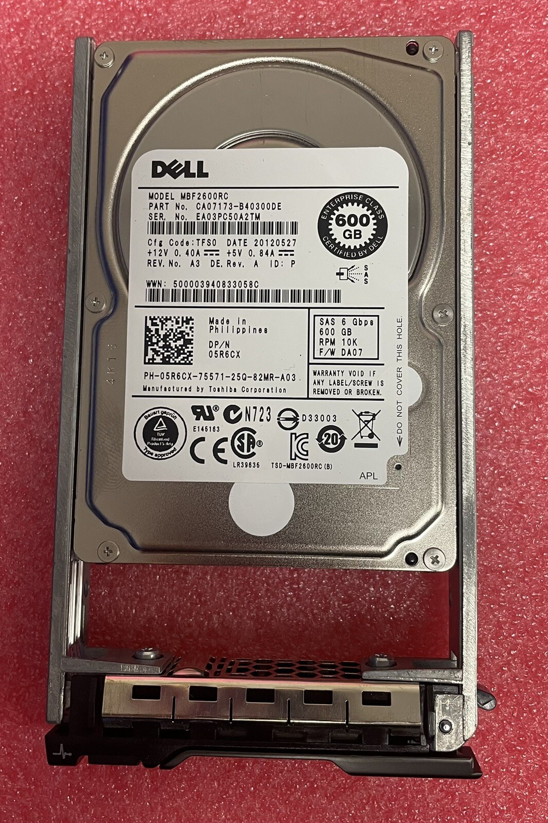 Dell 600GB 10K 2.5in SAS 6Gb/s HDD 5R6CX w/ Tray for PowerEdge Server
