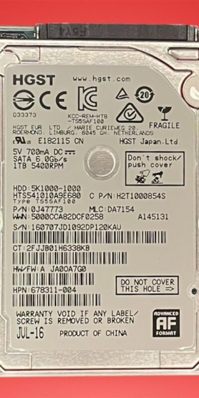 HGST 1TB 2.5in SATA HDD HTS541010A9E680 5400RPM 8MB Laptop Hard Drive