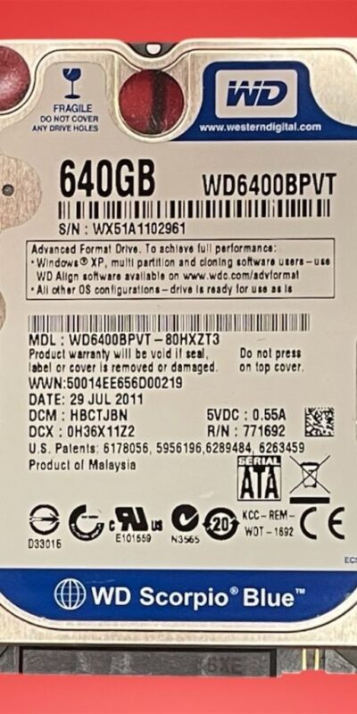 WD Blue 640GB 2.5" SATA Laptop Hard Drive 5400RPM WD6400BPVT Tested