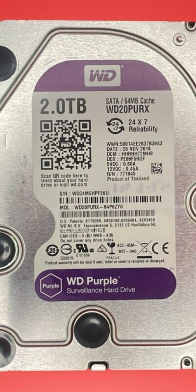 WD Purple WD20PURX 2TB 3.5" SATA Surveillance Hard Drive 64MB 24/7 DVR NVR