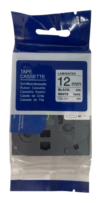 TZe/QZE-231 12mm Black on White Laminated Label Tape 12m for Brother P-touch