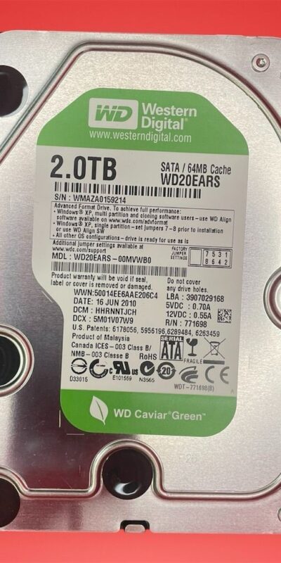 Western Digital Caviar Green 2TB SATA 64Mb Cache WD20EARS-00MVWB0 5400RPM HDD