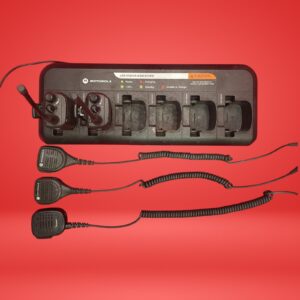 Motorola Six-Bay Charger NNTN8460 with 2xCP200D Radios & Speaker Mics PMMN4013A