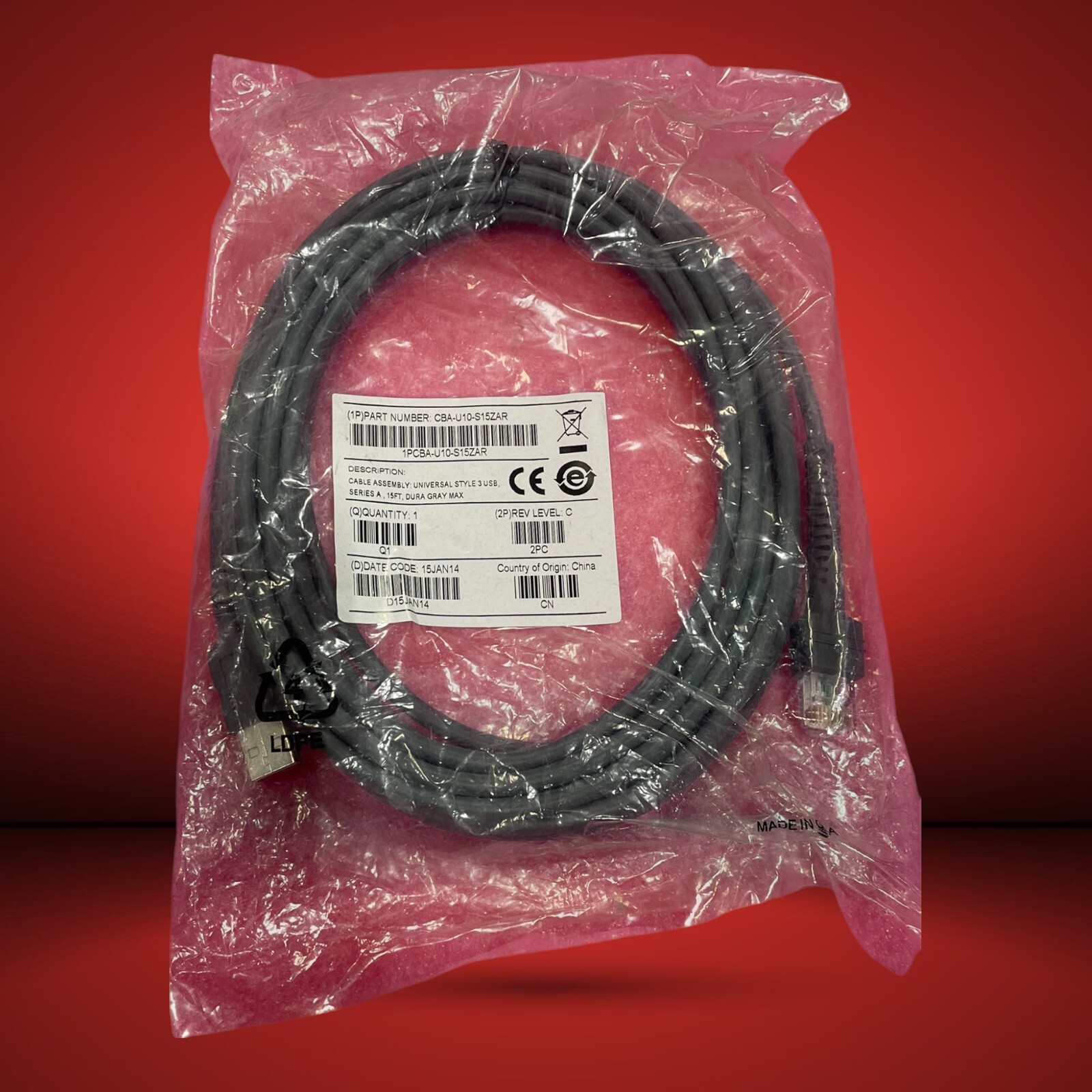 Genuine Zebra CBA-U10-S15ZAR 15ft USB Cable LS2208 DS4308 Barcode Scanner