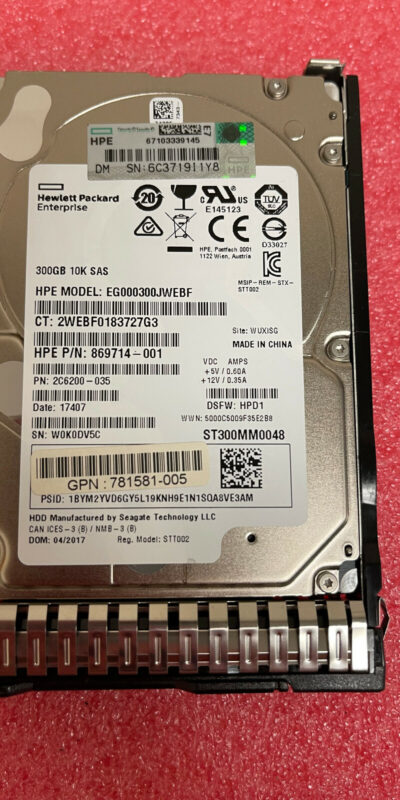 HPE 300GB 10K 12G SAS SFF 2.5" HDD 869714-001 w/Tray for ProLiant Gen9 Gen10
