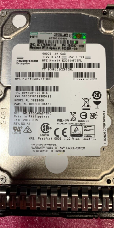 HP 600GB 10K SAS 2.5in SFF Server HDD EG0600FCSPL 689287-003 G8 G9 Tray