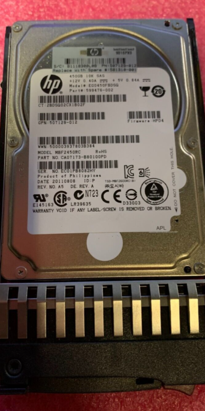 HP 450GB 10K SAS 2.5in HDD 507129-012 599476-002 EG0450FBDSQ Tray