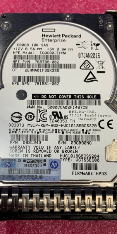 HP HPE 600GB 12G SAS 10K SFF 2.5" Enterprise HDD Tray 768788-002 781581-002