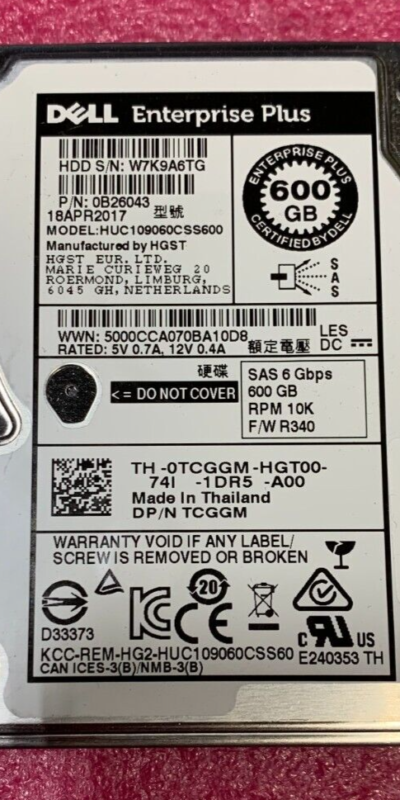 Dell HGST 600GB 10K SAS 2.5" HDD 6Gb/s 0TCGGM 0B26043 Server Enterprise