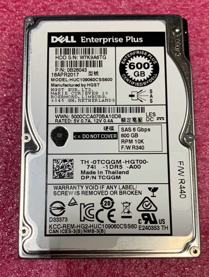 Dell HGST 600GB 10K SAS 2.5" HDD 6Gb/s 0TCGGM 0B26043 Server Enterprise