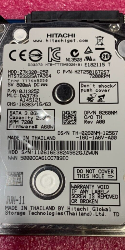 Hitachi Travelstar 250GB 2.5" SATA 7200RPM Laptop HDD HTS723225A7A364 Tested