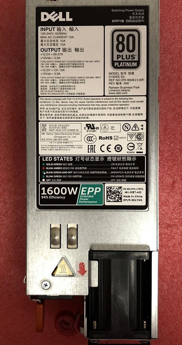 Dell D1600E-S3 001YHN 1600W 80+ Platinum Server Power Supply DPS-1600AB-2A