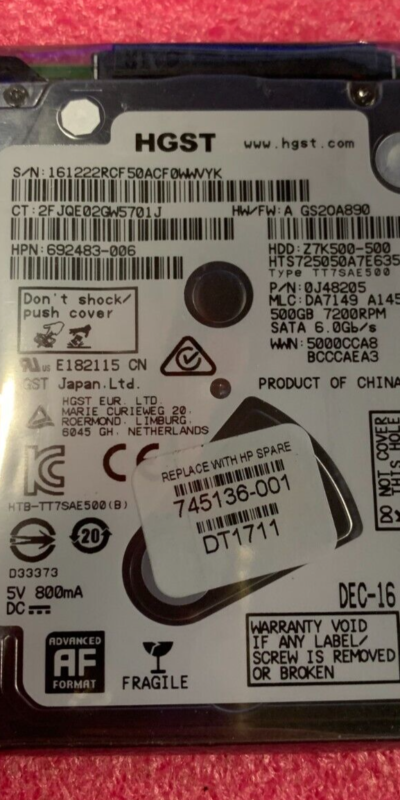 Genuine HP HGST 500GB 7200RPM 2.5" SATA HDD HTS725050A7E635 692483-006