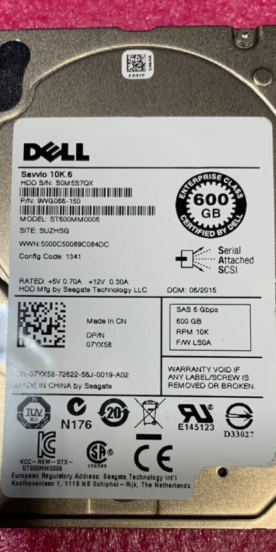 Dell 600GB 10K 2.5" SAS 6Gbps HDD 9WG066-150 07YX58 Tested