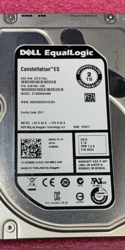 Dell EqualLogic 2TB 3.5" 7.2K SATA 6Gb/s Enterprise HDD T926W 9JW168-536 Tested