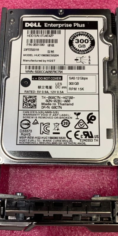 Dell 300GB 15K 12Gbps SAS 2.5" HDD w/ Tray 068C7N HUC156030CSS204