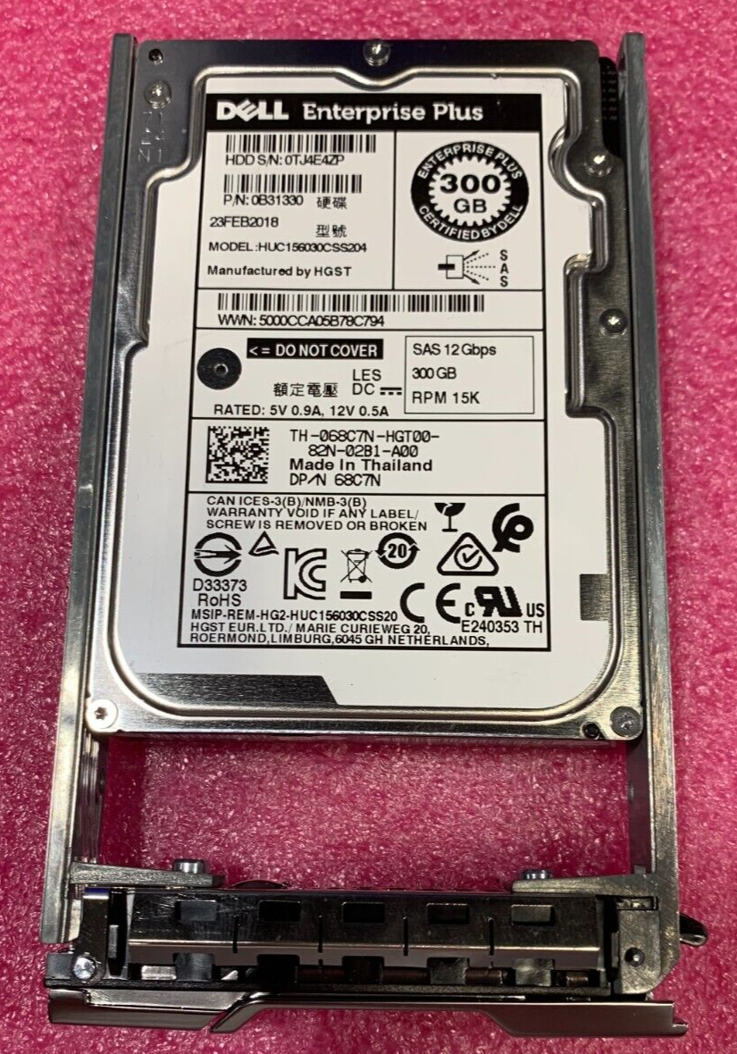 Dell 300GB 15K 12Gbps SAS 2.5" HDD w/ Tray 068C7N HUC156030CSS204