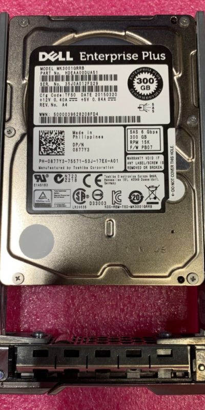 Dell 300GB 15K 2.5" SAS 6Gbps HDD w/Tray MK3001GRRB 0877Y3 Enterprise