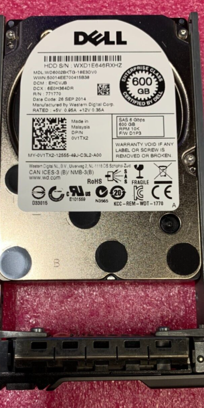 Dell 600GB 10K 2.5" SAS 6Gb/s Enterprise Server HDD + Tray V1TX2 0V1TX2