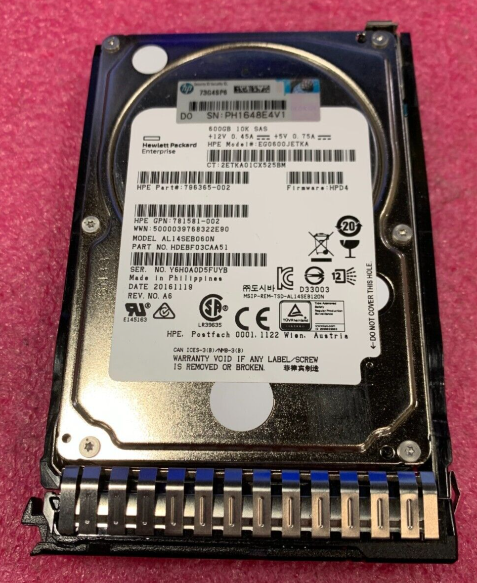 HP 600GB 10K 2.5" SAS 6G SFF HDD w/ Caddy EG0600JETKA 796365-002 G8/G9