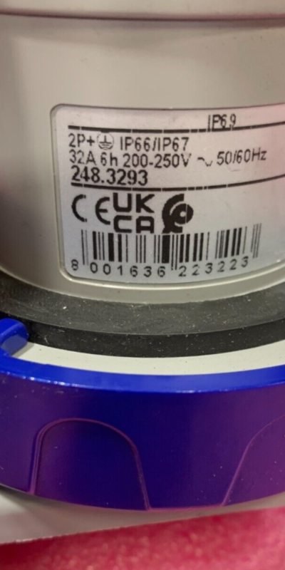 Scame 248.3293 Panel Mount Plug 32A 2P+E 200-250V IP66/IP67 Industrial