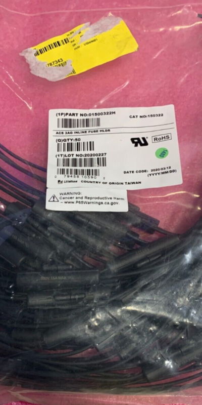 Lot of 50 Littelfuse 01500322H ACS 3AG Inline Glass Fuse Holders 32V 15A