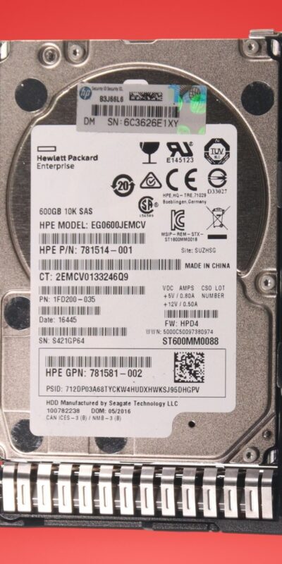 HPE EG0600JEMCV 600GB 2.5"HDD 10K RPM SAS 12Gb/s Hard Drive 781514-001
