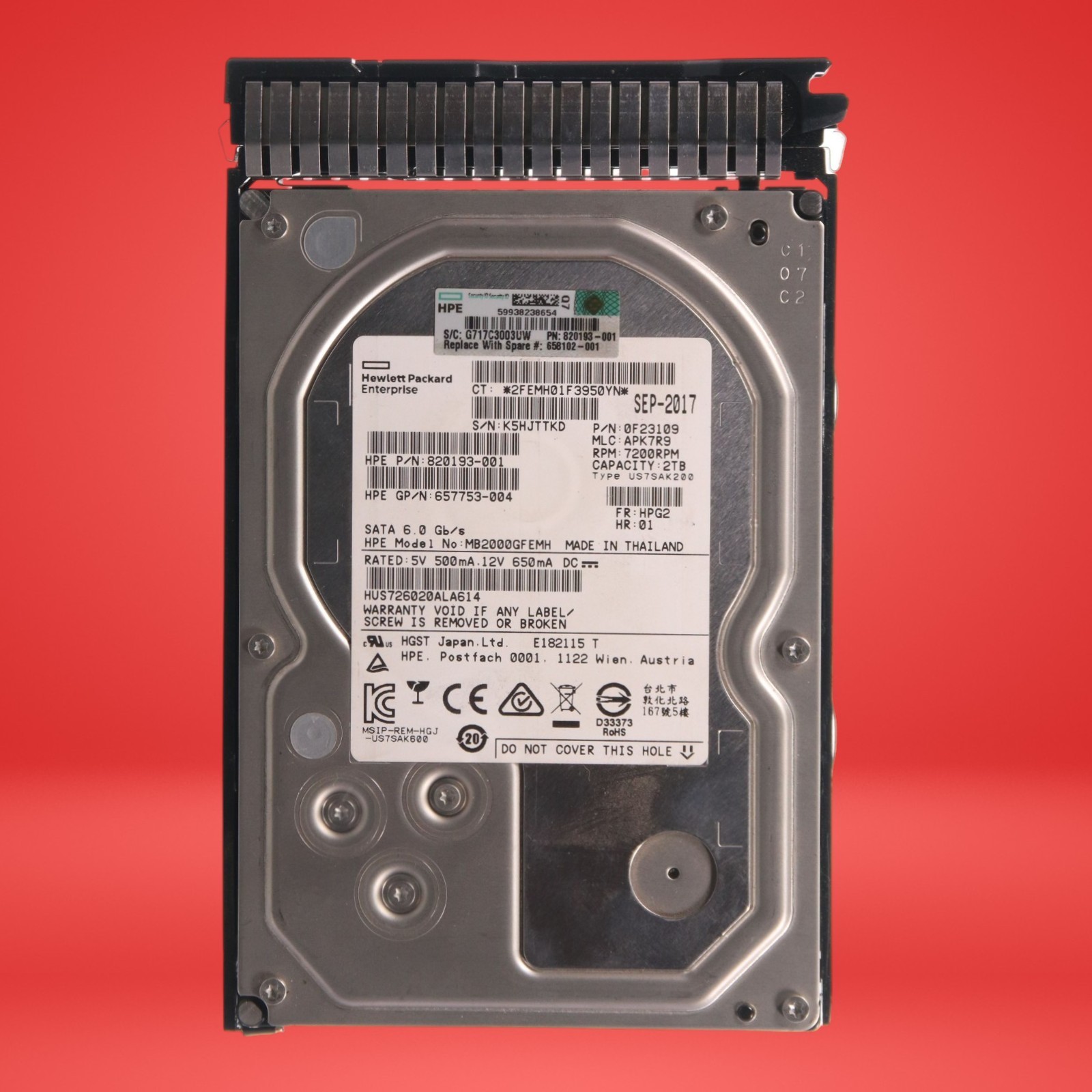 HP 2TB SATA Hard Drive 3.5" 6Gb/s 7.2K RPM With Caddy MB2000GFEMH 658102-00