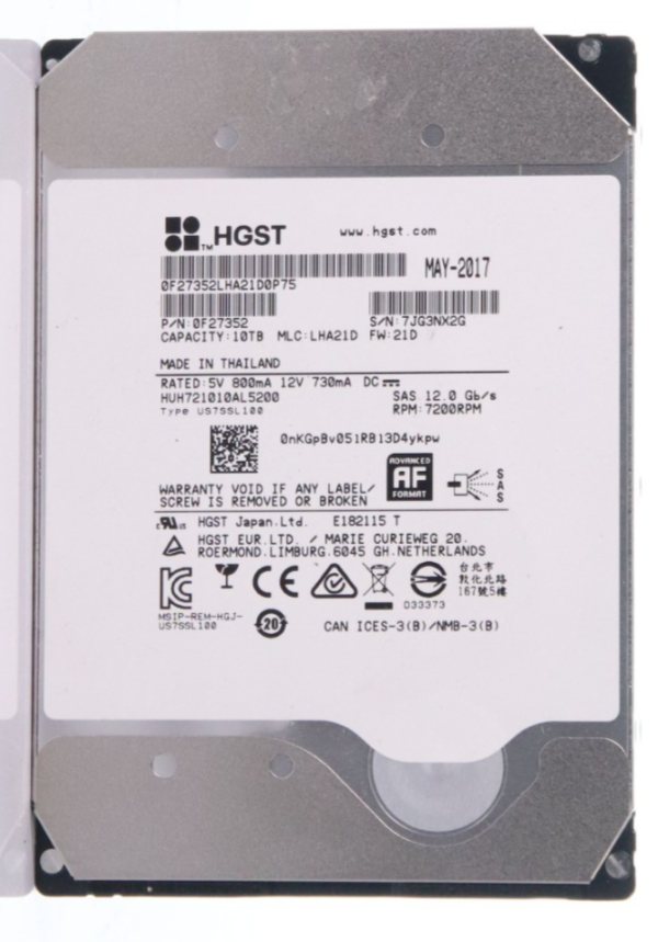 HGST 10TB HUH721010AL5200 7.2K 12Gbps 3.5" SAS LFF HARD DRIVE 0F27352