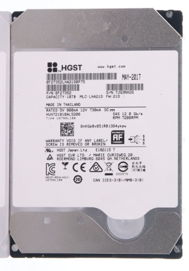 HGST 10TB HUH721010AL5200 7.2K 12Gbps 3.5" SAS LFF HARD DRIVE 0F27352
