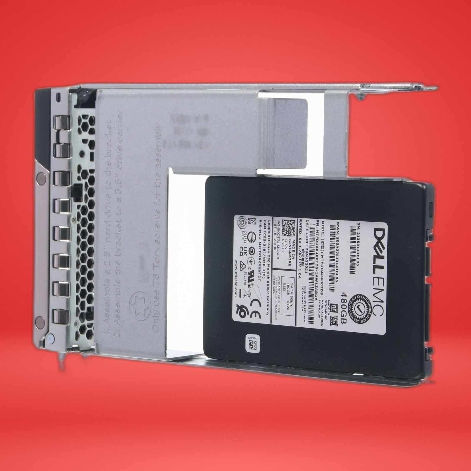 Dell EMC 480GB SATA 6Gb/s SSD MTFDDAK480TDN KCT7J W/ 3.5" Tray - Image 2